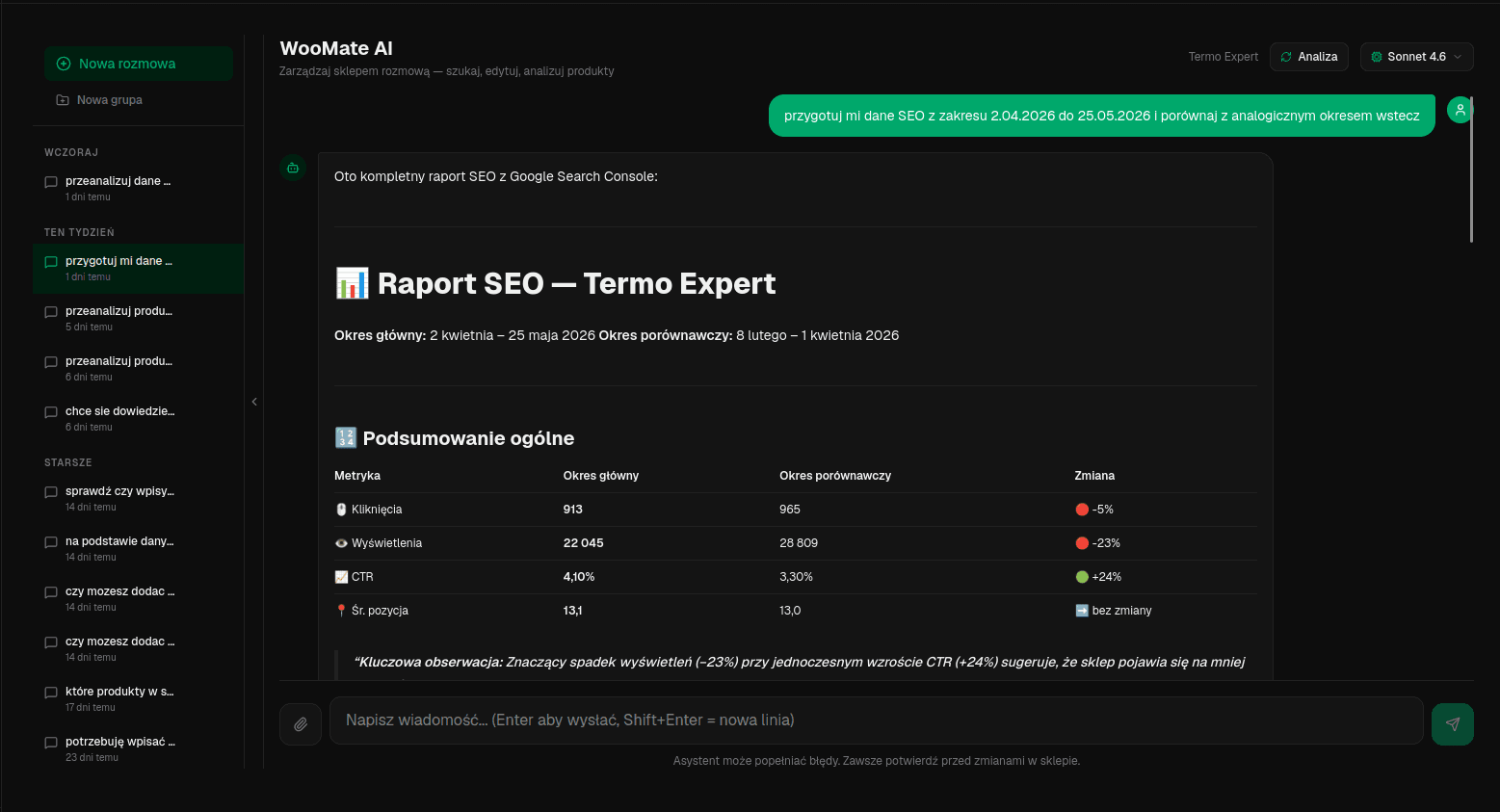 WooMate Chat — raport SEO z Google Search Console