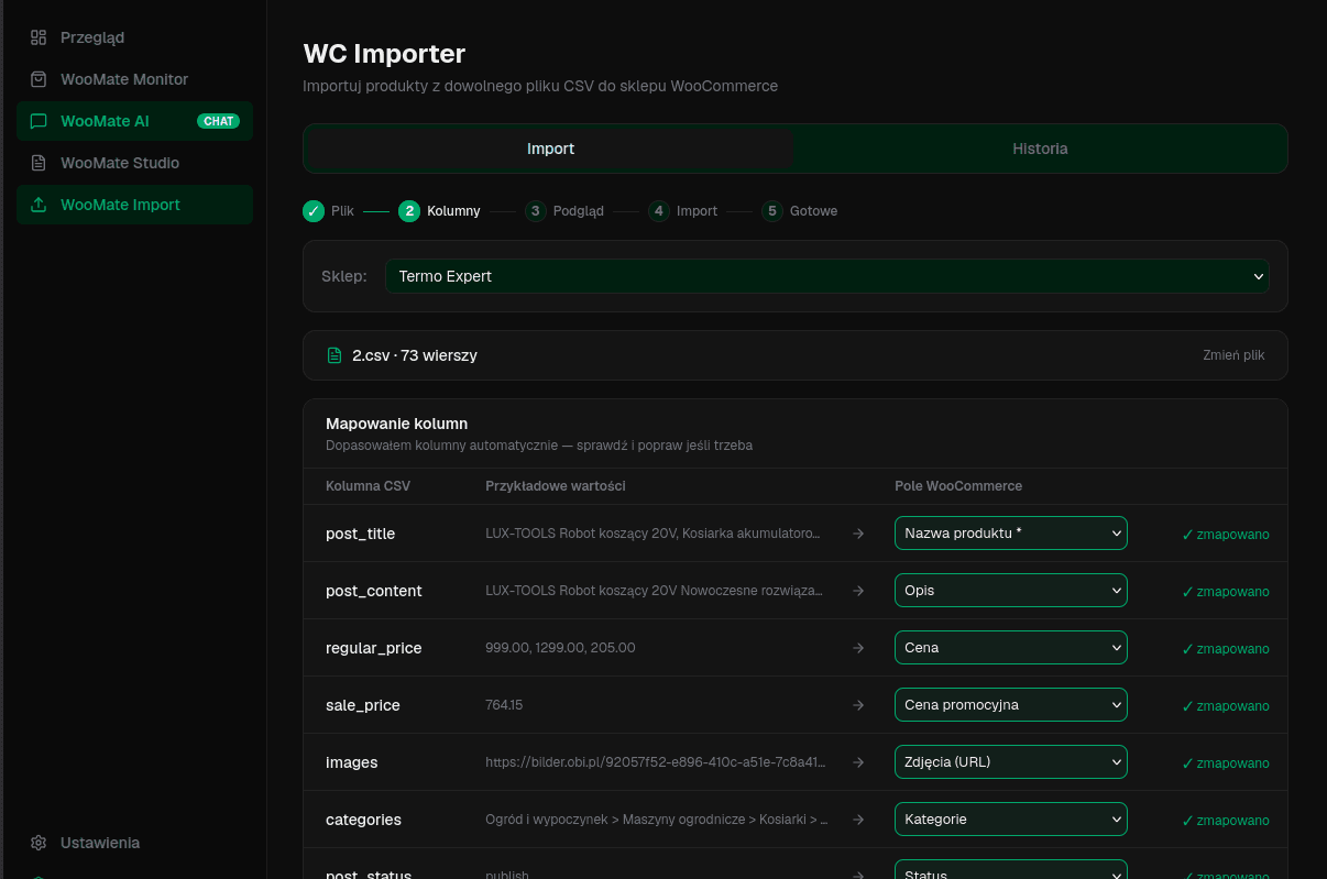 WooMate Importer — mapowanie kolumn CSV do WooCommerce