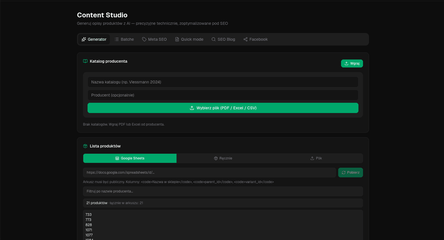 WooMate Studio — generator opisów z katalogu producenta